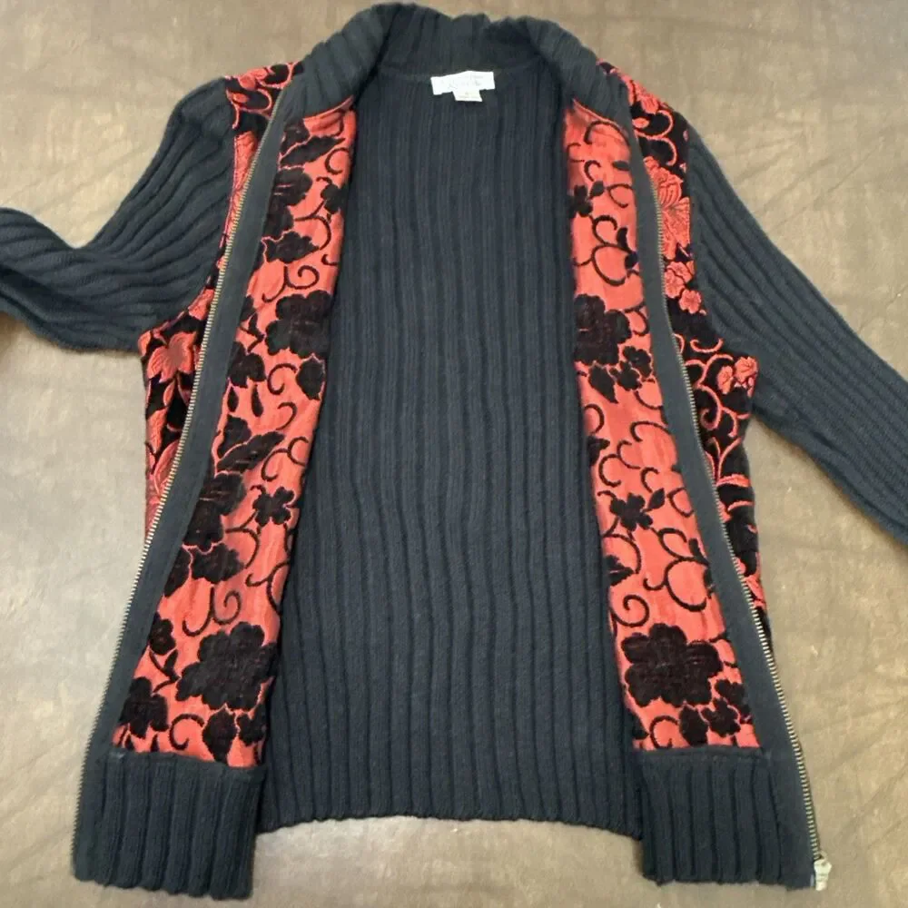 CHRISTOPHER & BANKS Black Zip Cable Sweater w/ Bright Red 